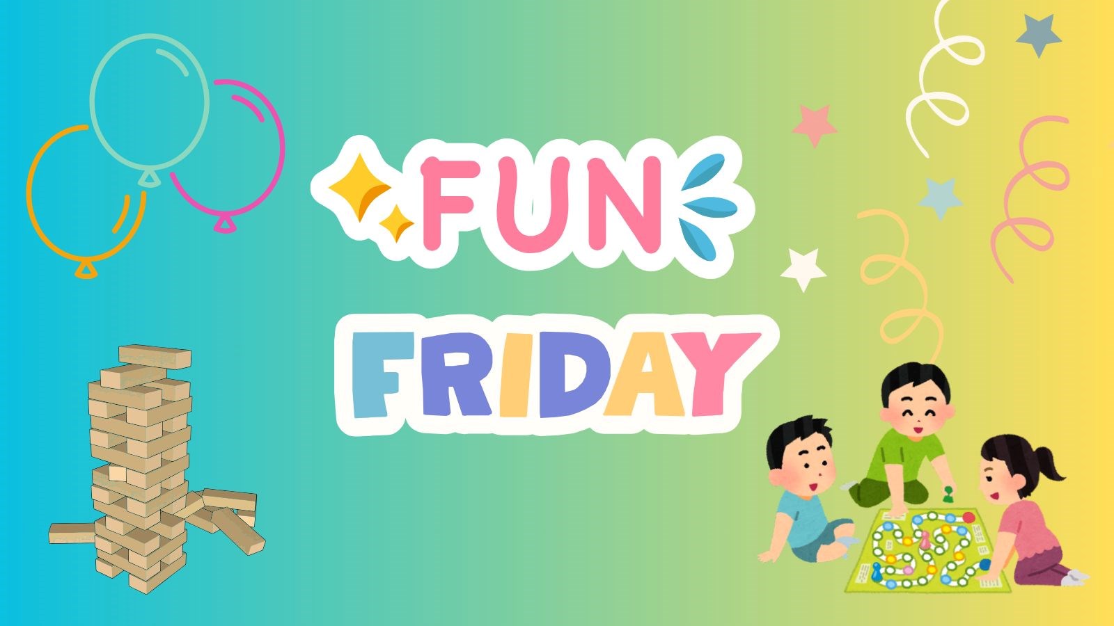 Pastel background with pastel balloons and streamers, jenga game and 3 kids playing a board game. Also the words "Fun Friday" in pastel colors